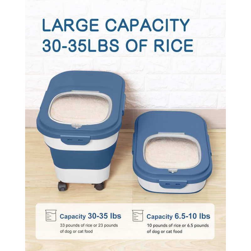 Conteneur de stockage de riz de 9 à 14 kg, contenant alimentaire pliable avec roulettes et couvercle hermétique, double fermeture, idéal pour conserver la fraîcheur du riz, des aliments pour animaux et de la farine.