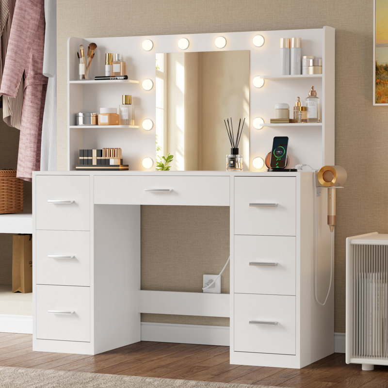 Ragin Makeup Vanity With Usb Power Outlet And 3 Modes Adjustable Brightness Light, White, 54.1" H x 43.3" W x 17.7" D