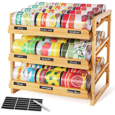 Bamboo Can Organizer for Pantry, 3 Tier Stackable Can Storage | Rolling Can Organizer Pantry with Label Sticker and Marker Pen, Can Holders