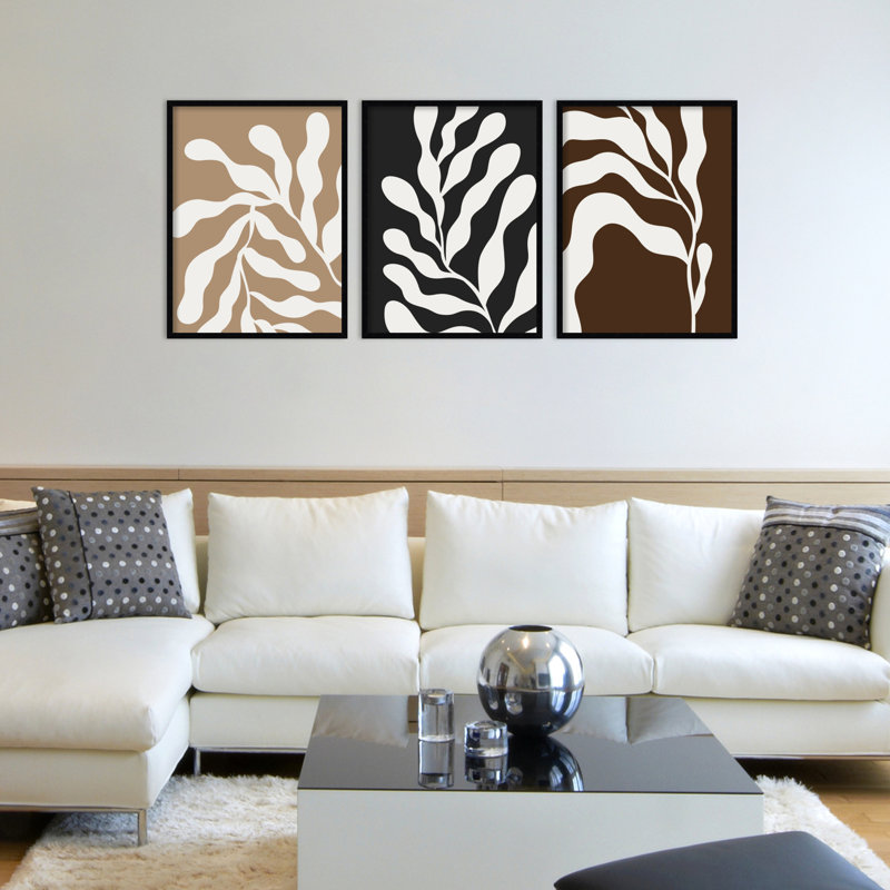 Retro Matisse Inspired Abstract Botanical - 3 Pieces by Erminia, 80" W x 33" H, Black