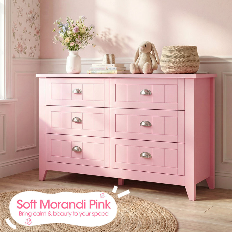 Haven 47.2" Morandi Pink 6-Drawer Dresser – Wide Storage Chest With Silver Cup Pulls, Shaker-Style Fronts, Soft Pastel Finish