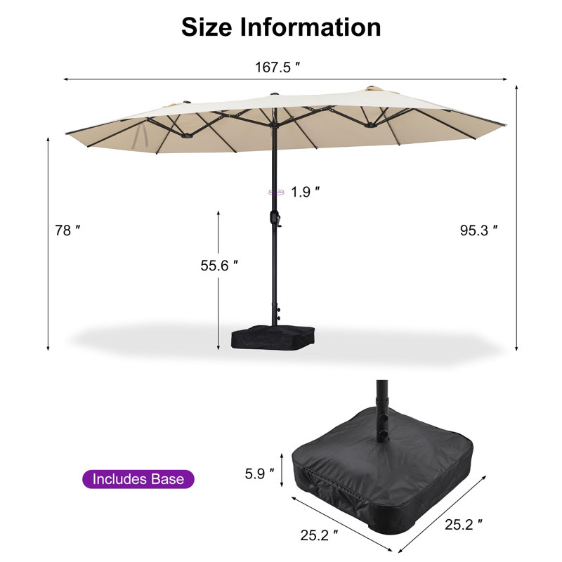 Parasol de marché de 14 pi avec base rectangulaire double face et parasol avec manivelle 12 nervures robustes robustes pour la piscine