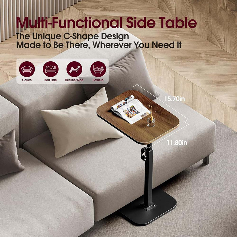 End Table C-Shaped Adjustable Pedestal Side Table Night Stand With 360° Rotating Top, Height Adjustable, Small Couch Living Room Or Bedroom Versatile End Table For Sofa Or Bedside, Rustic Brown