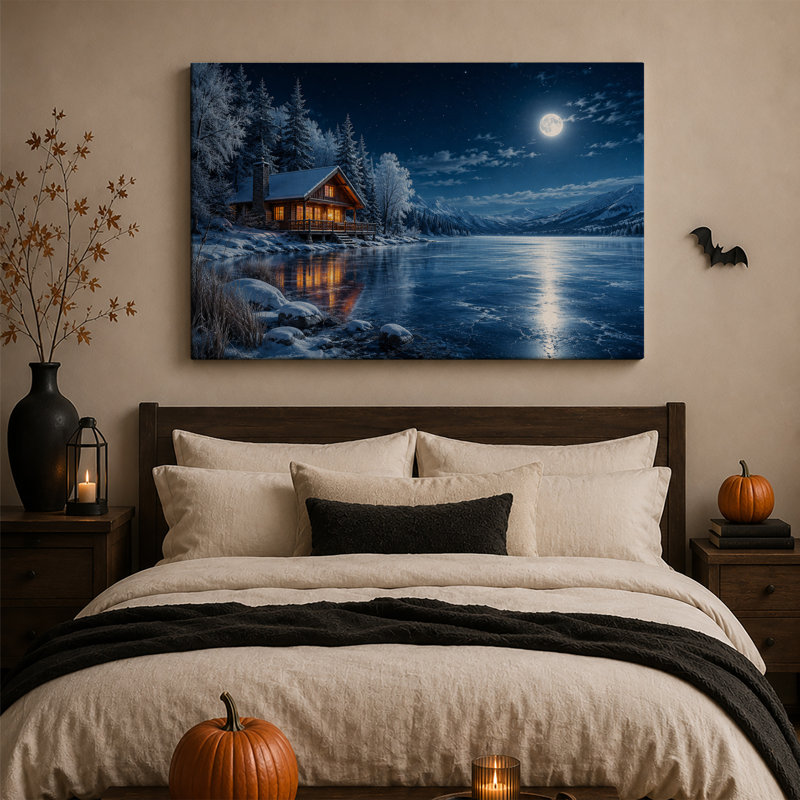 Cabane enneigée sur un lac gelé sous la pleine lune - Toile murale d'Halloween, H 12 po x l 18 po