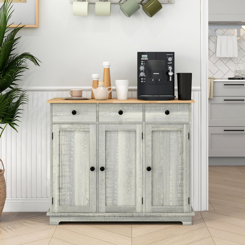 Gray Storage Sideboard - Modern Cabinet With 3 Drawers, Adjustable Shelf, And Doors For Organized Kitchen Doors, Shelves