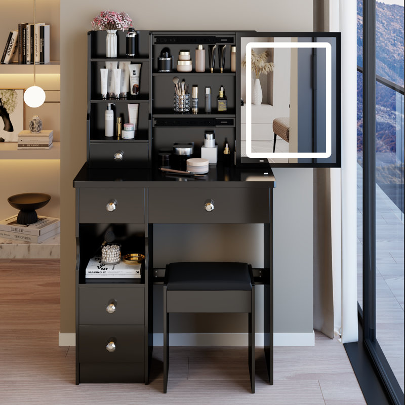 29.2" Small Size Left Drawer Desktop Vanity Table + Cushioned Stool, Large Sliding, Touch Control, Tri-Color Switching, Brightness Adjust LED Mirror, High Capacity Storage, Suitable For Small Space