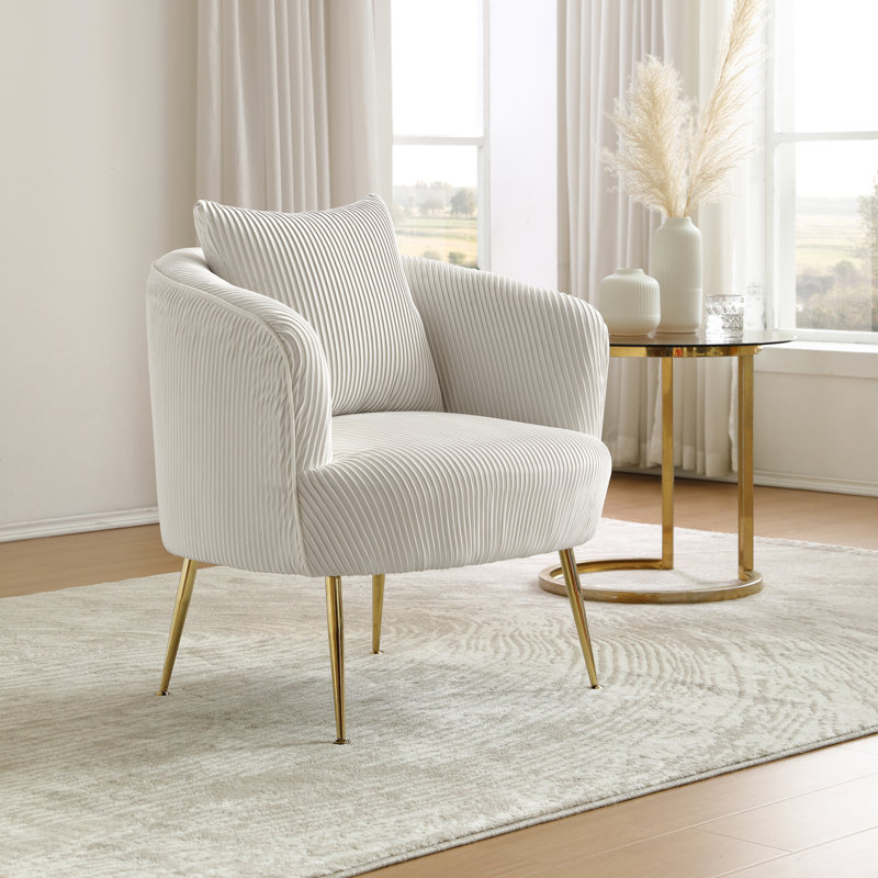 Letona 28.74" W Velvet Barrel Chair with gold metal legs, White