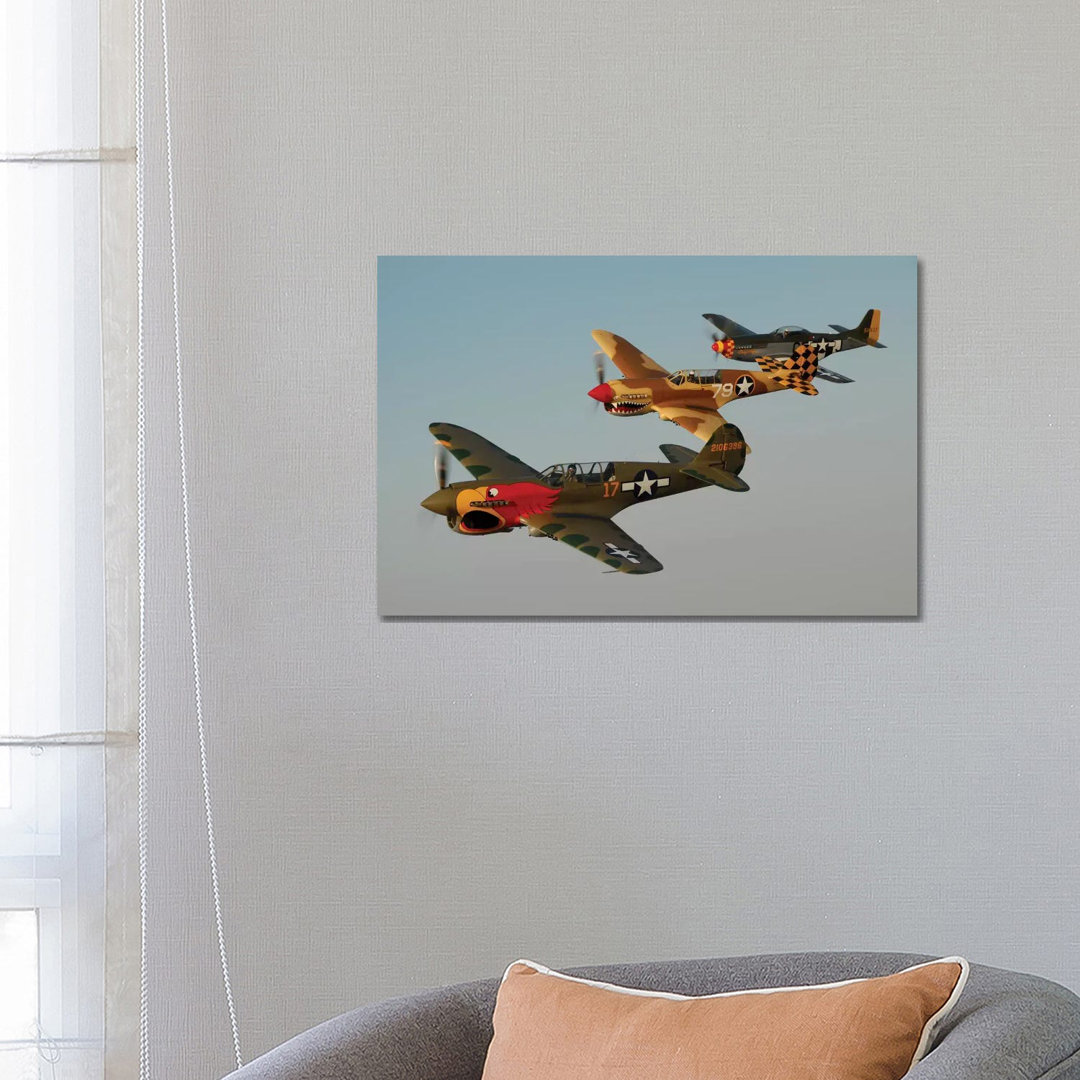 Two P-40 Warhawks And A P-51D Mustang Flying Over Chino, California von Phil Wallick - Gallery-Wrapped Canvas Giclée on ...