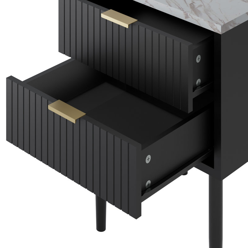 Azeez 2 Drawer Bedside Table, Black Marble
