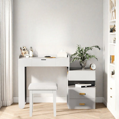 3-in-1 Makeup Vanity Desk With Flip-top Mirror, Led Lighting, Drawers, Middle Storage Compartments And 3 Layers Shelf