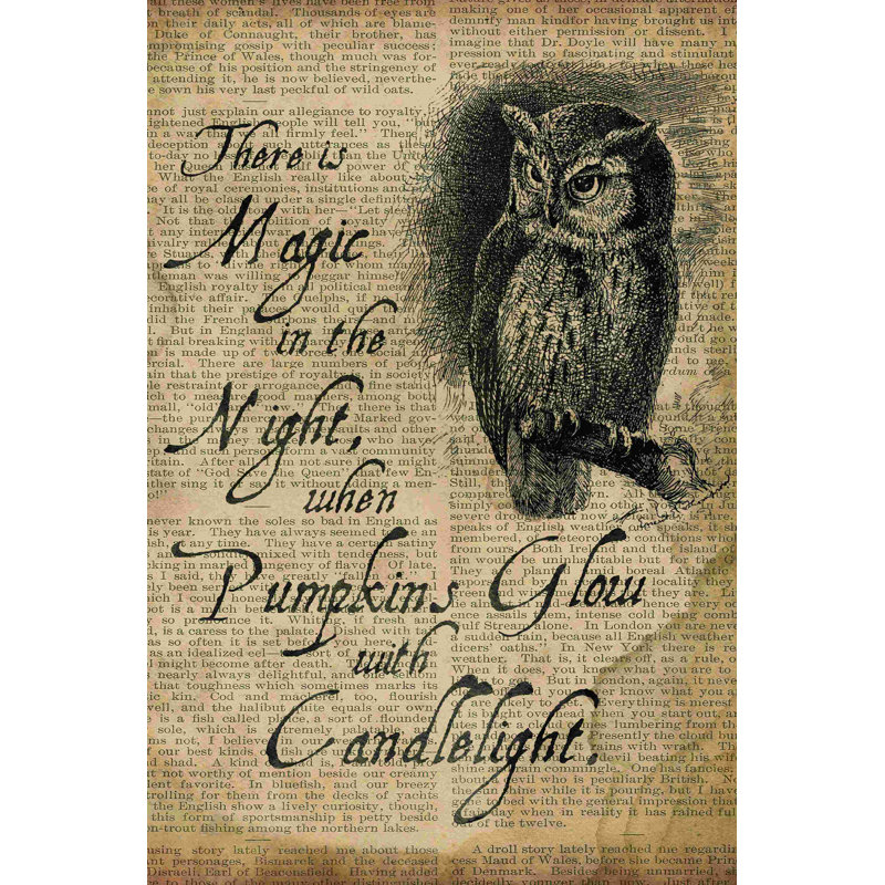 «Candlelight Owl», art textuel sur toile tendue, H 18 po x l 12 po