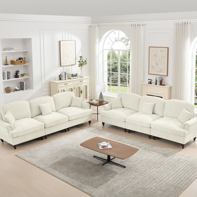 Ensemble de 2 sièges modulaires à 3 places, blanc beige, accoudoirs évasés, volants amovibles, pieds fuselés, chenille douce, dossier segmenté, coussin décoratif, divers agencements, tissu chenille, multiples