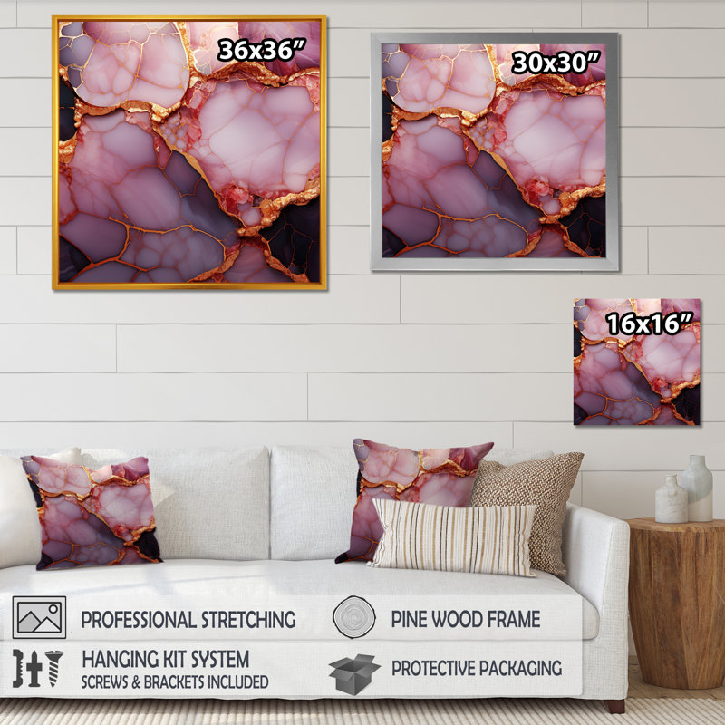 Or et marbre rose Essence I - décoration murale en marbre, Cadre simple noir, H 16 po x l 16 po x P 1 po