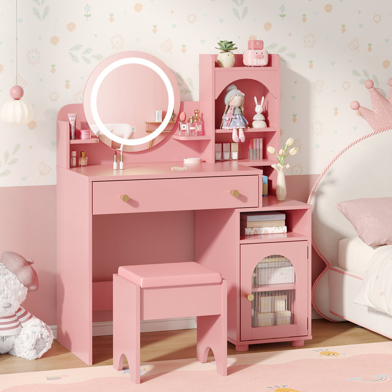 Bureau de coiffeuse avec miroir et lumières, Rose
