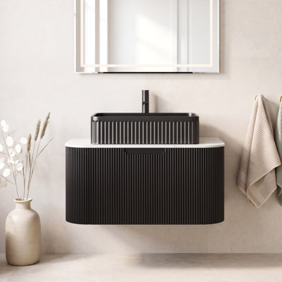 Ensemble de meuble-lavabo mural en pierre frittée blanche 30 po avec lavabo rond en céramique noir, tiroirs, sans robinet, pré-assemblé