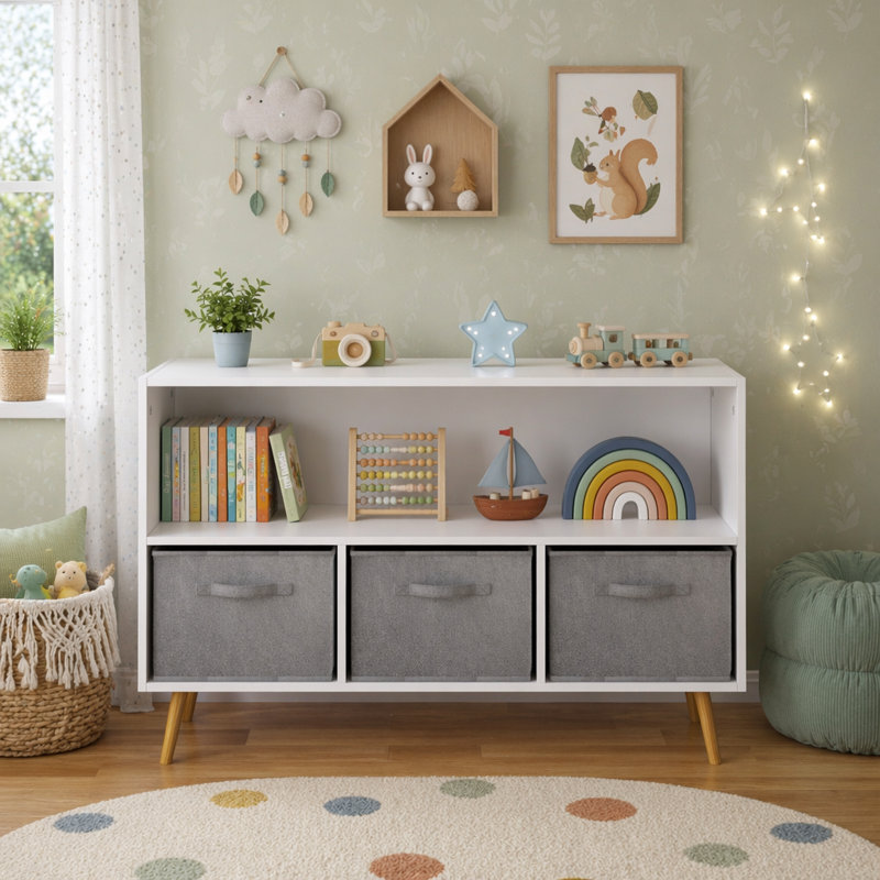 Bibliothèque avec tiroirs en tissu pliables, présentoir à livres et armoire de rangement pour jouets, blanc / gris