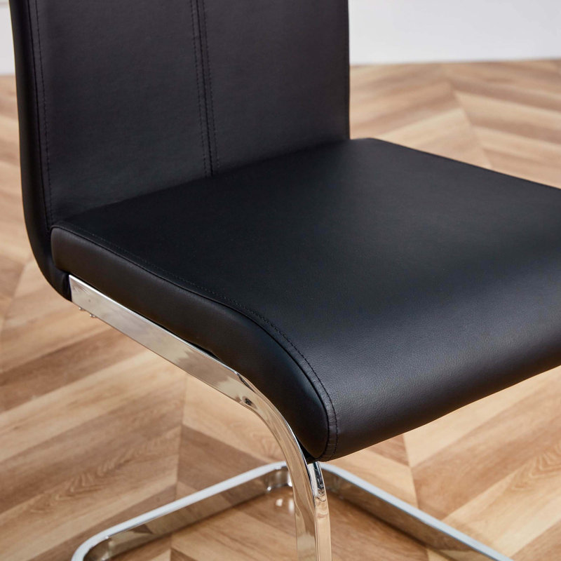 Modern Premium Breathable Top Leather Dining and Conference Chairs with C-shaped Tube Metal Legs, 4, Silver, Black
