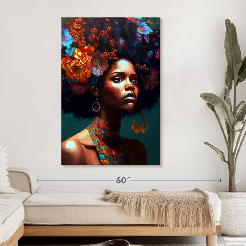 Fille ethnique aux cheveux floraux, H 48 po x l 32 po x P 1,25 po