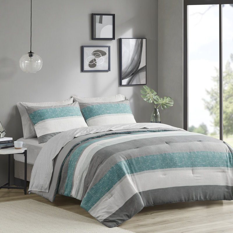 Jaxon Comforter Set with Bed Sheets, King Comforter + 6 Additional Pieces, Aqua/Gray