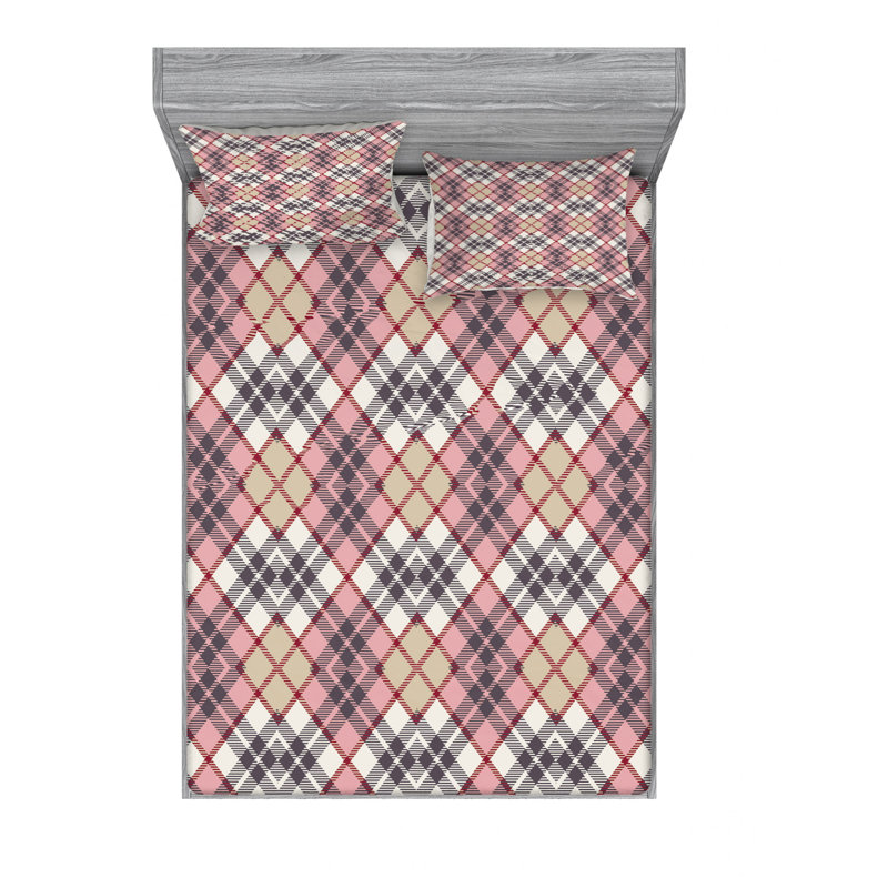 Ensemble de draps en microfibre géométrique, Twin Fitted Sheet, Motif English Folk Textured Plaid