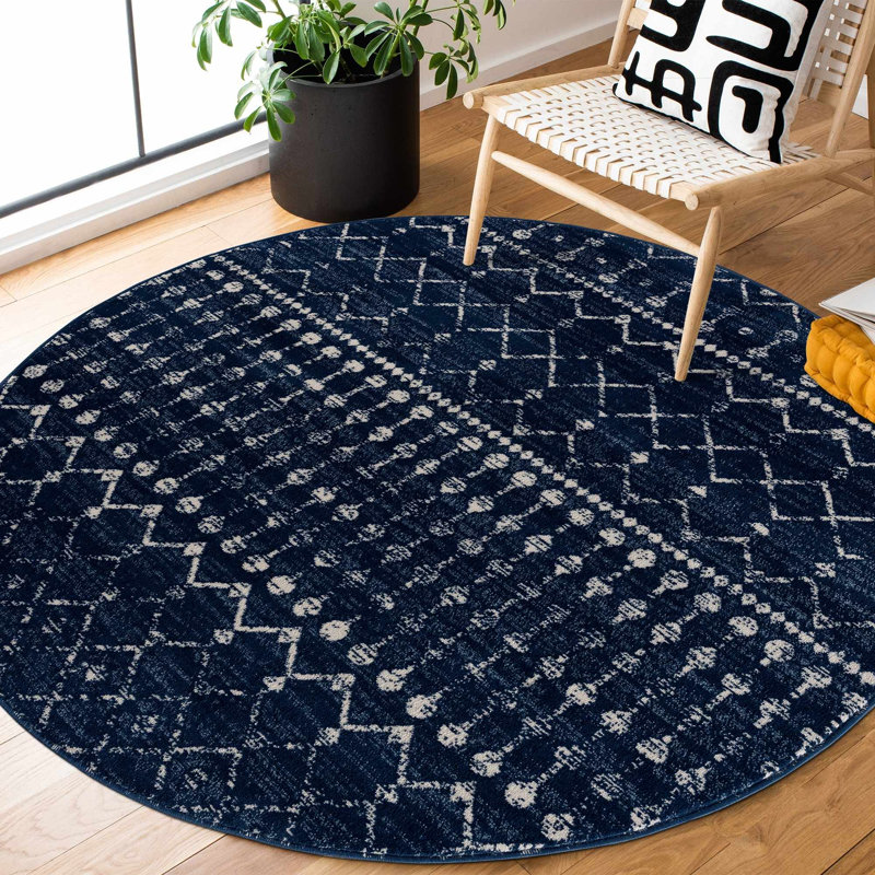 Dounia Transitional Performance Navy Blue/White Area Rug, Round 7'10"
