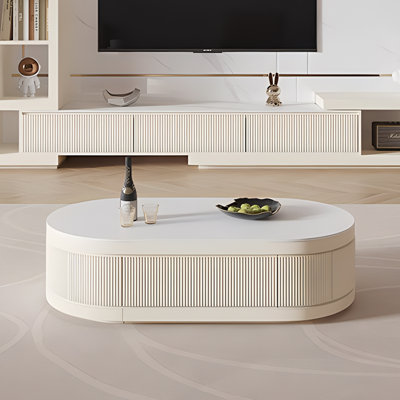  Bilawal Cream Style Extendable Oval Coffee Table Solid Wood With 4 Drawers for Living Room Decor, Fully Assembled