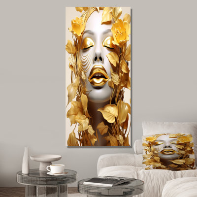 Portrait de femme blanche et dorée avec feuilles I - Fashion Woman, art sur toile