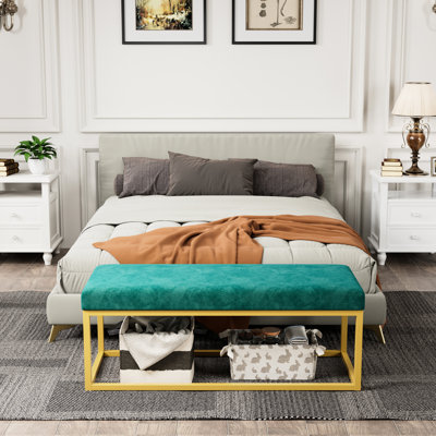 Banc de style Mid-Century avec cadre en cuir synthétique et en acier pour le vestibule, peut supporter 600 lb, siège confortable en mousse haute densité, style de rangement rapide à installer, cuir synthétique, support, charge de poids, velours doux