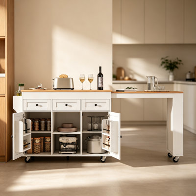 85.5" Kitchen Island with Extendable Dining Table, Kitchen Storage Table with 3 Side Open Shelves, Rolling Kitchen Island with Power Outlet, 3 Drawers