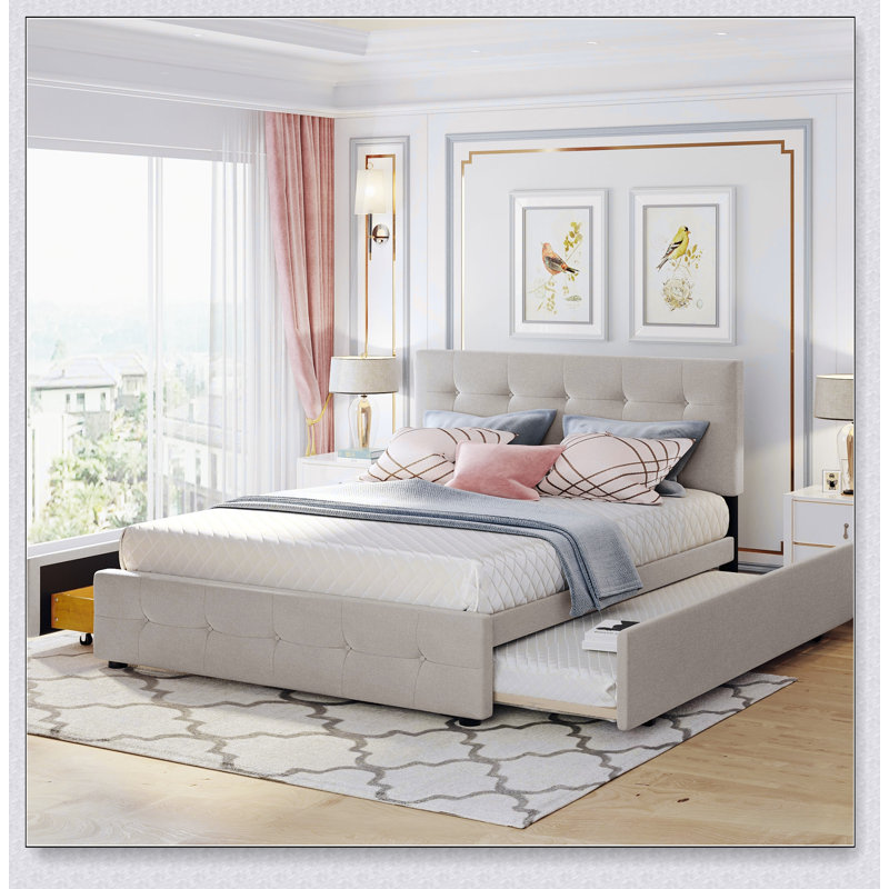 Upholstered Platform Bed With 2 Drawers And 1 Twin XL Trundle,  Linen Fabric, Beige