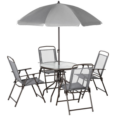 Ensemble de repas de patio gris pour 4 personnes - Parasol et chaises. Table pliante portative en verre trempé pour jardin. Chaises grises de 28 kg. Parasol, jardin aéré. 65 cm de profondeur x 93 cm de hauteur.