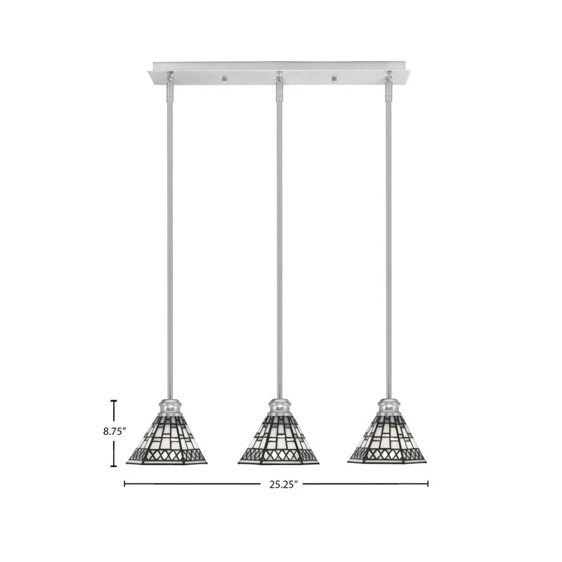 Edge 3 Light Linear Pendalier Shown In Brushed Nickel Finish With 7" Pewter Art Glass