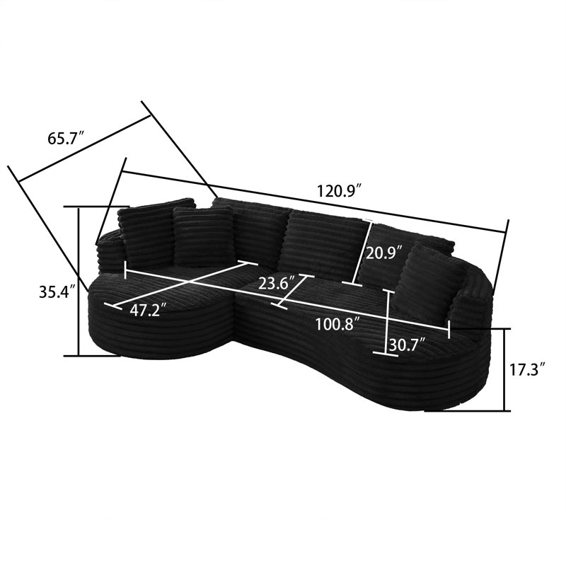 Stylish L-Shaped Corduroy Upholstered Curved Sectional Sofa, Black Corduroy , Left Hand Facing