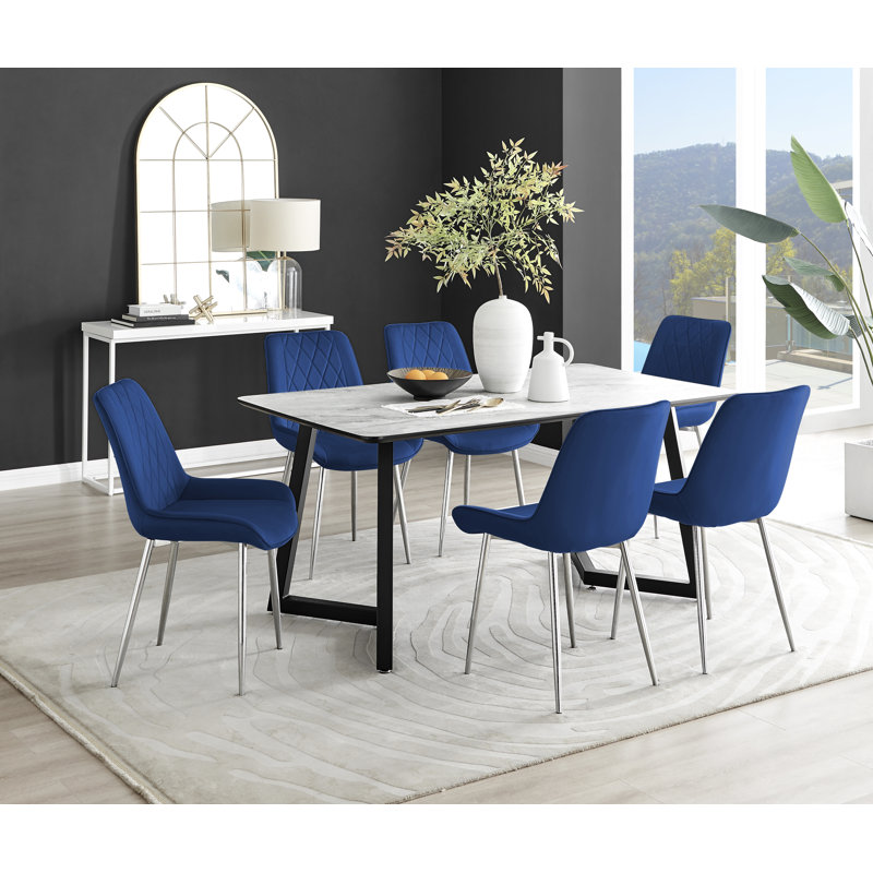 Industrial Design White & Grey Marble Effect Melamine Dining Table Set with 6 Luxury Velvet Chairs, Navy/Silver