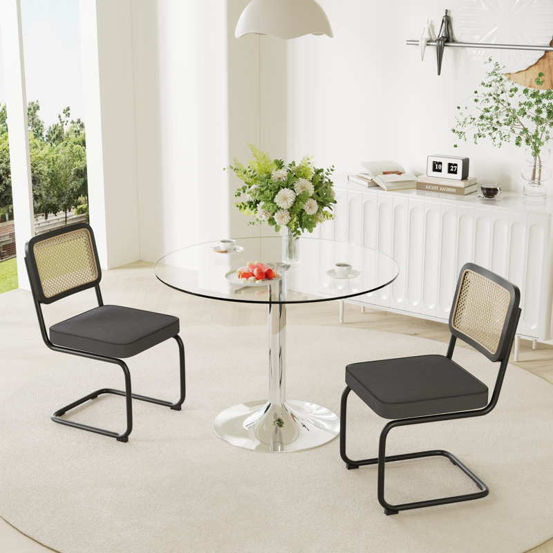 3-Piece Round Glass Dining Table Set, Black, 29.5" H x 39.7" L x 39.7" W