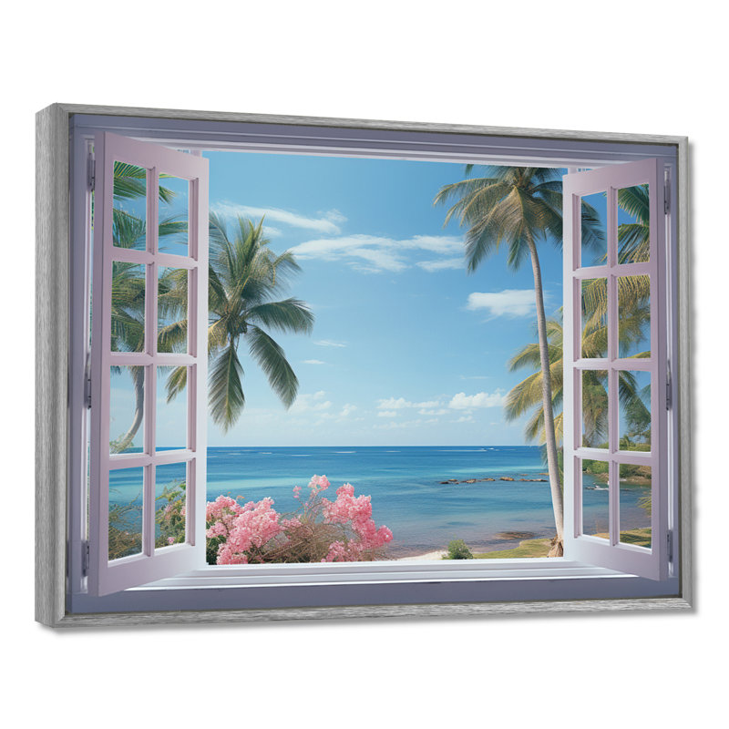 Vue sur l'océan tropical à travers une fenêtre blanche ouverte - art mural sur toile côtière, H 16 po x l 32 po