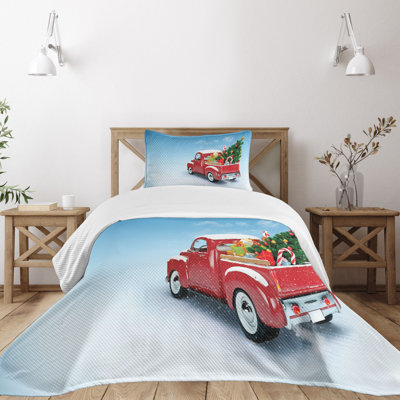 Ambesonne Christmas Bedspread Set Red Truck Xmas Tree Blue Red