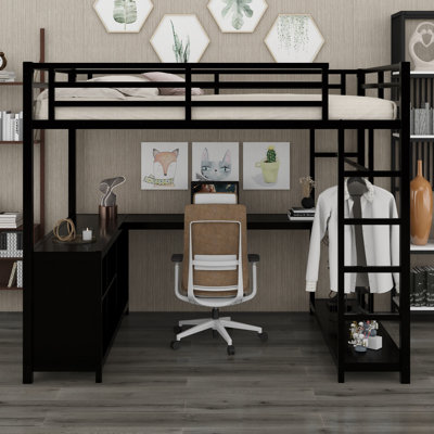 Lit mezzanine en métal avec garde-robe et bureau en L, cubes de rangement et tablettes
