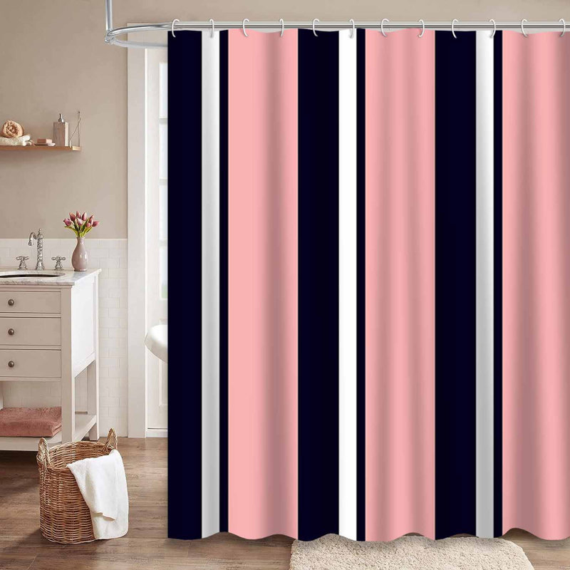 Rideau de douche rayé bleu marine à 12 crochets, L 72 po x l 72 po