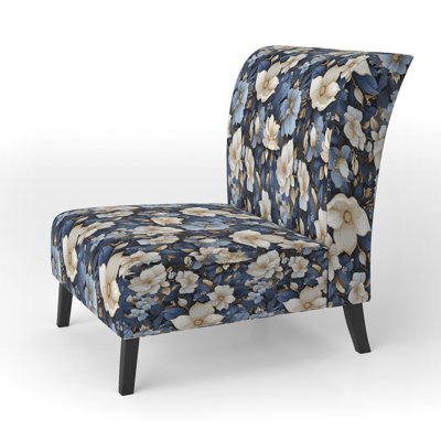 Élégance florale crépuscule blanc et bleu - Fauteuil crapaud de style ferme recouvert de velours, fauteuil d'appoint bleu
