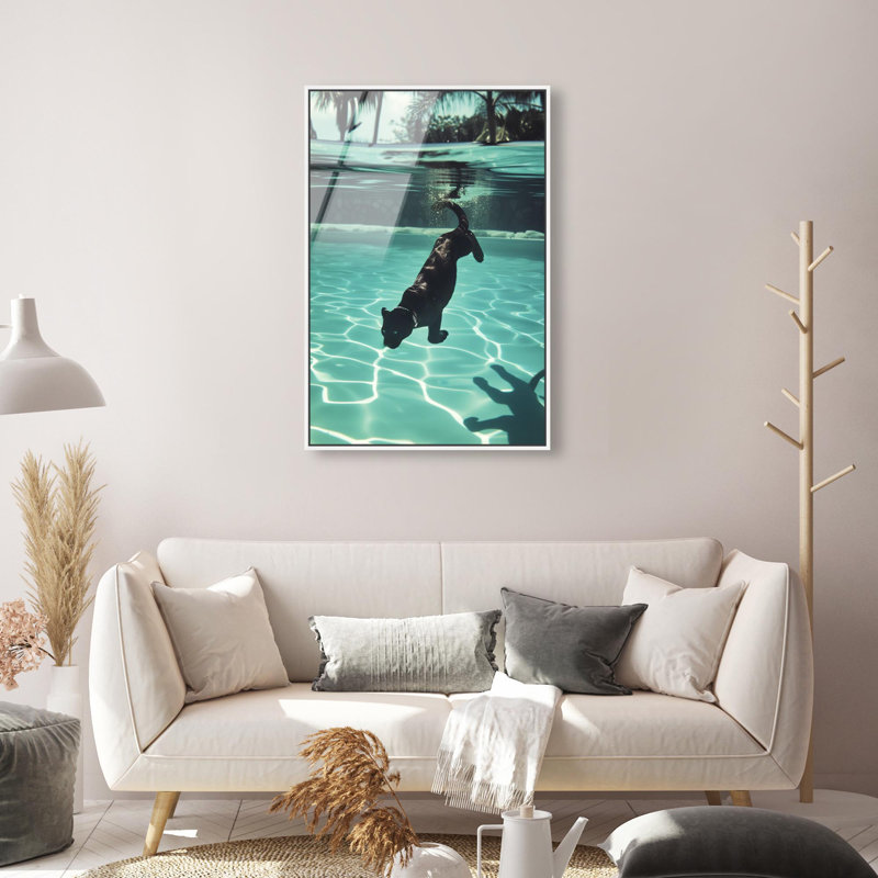 Oliver Gal Panther Swim Animals - Framed Acrylic Glass Wall Art, 30" H x 20" W, White