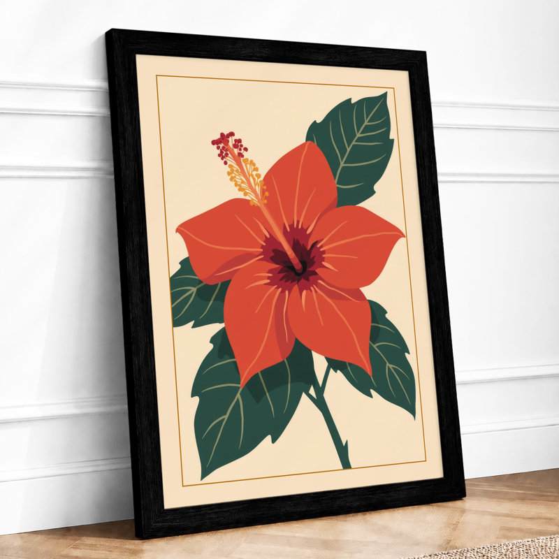 Red Hibiscus Bloom Botanical - Framed Print, A3 - 42.0 x 29.7 cm, Black