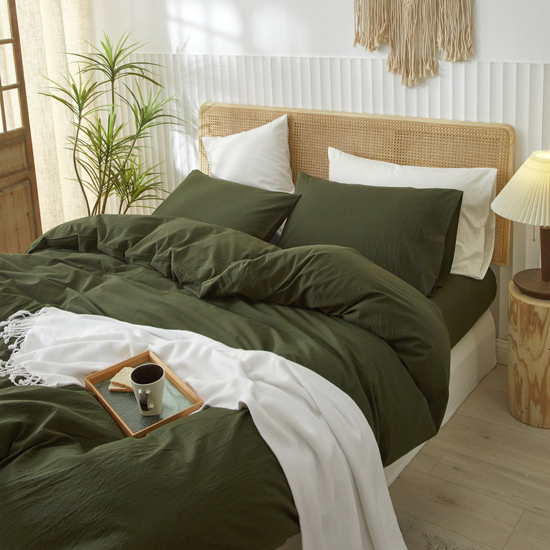 Ensemble de housse de couette 100% coton lavé Doneus, Housse de couette très grand + 2 taies d'oreiller, Vert olive
