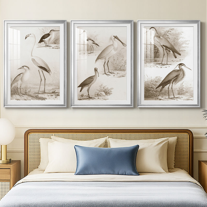 Sepia Water Birds I  -Custom Framed  Premium Print W Matt - 3 Pieces, Silver, 21" H x 30" W