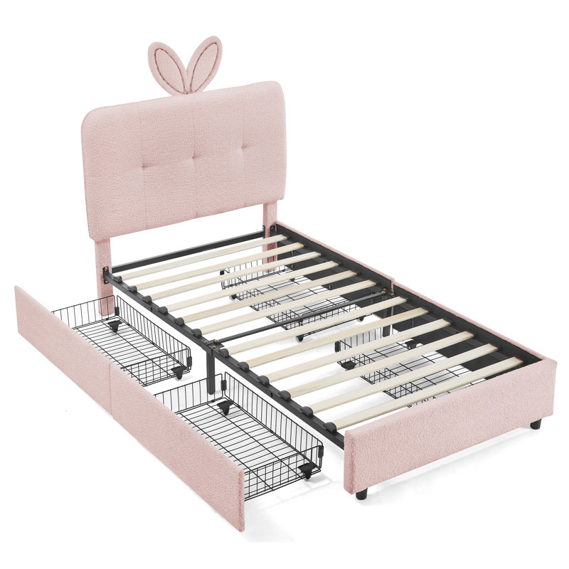 Lit simple tapissier pour enfant avec tête d'oreille en forme de lapin, lumière DEL et 4 tiroirs de rangement, tissu bouclé, rose