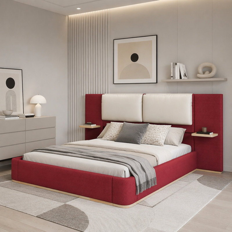 Très grand lit plateforme tapissier avec tablettes de rangement et coins arrondis doux, Très grand lit, Rouge
