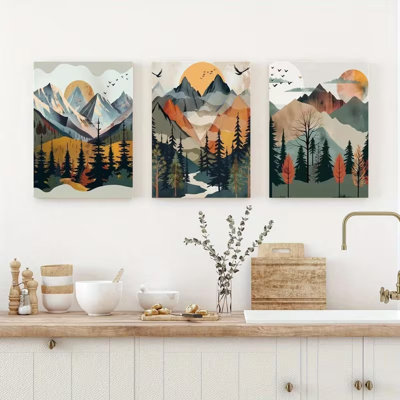 Tableau sur toile de style bohème mi-siècle, forêt de montagne, en trois parties, 30,5 cm (H) x 61 cm (L) - Décoration de salon