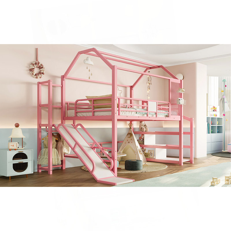House Loft Bed With Slide And Stairs, Metal Playhouse Bed With Storage Shelves, House-Shaped Roof And Noise-Free Design, Full