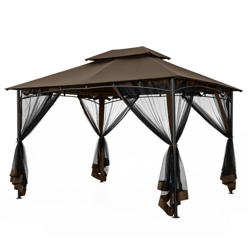 Double Roof Soft Top Metal Patio Gazebo With Netting, 112.6" H x 141.1" W x 117.5" D, Brown