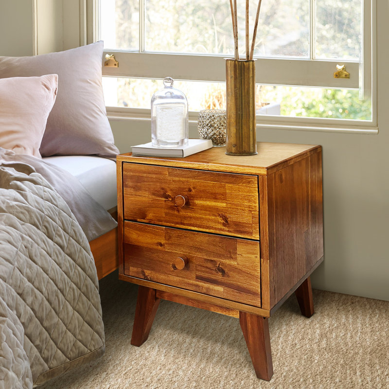 Table de chevet en bois massif à 2 tiroirs Acacia Silvia, Caramel